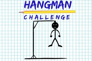 Kareli kağıt üzerinde mavi bir kalemle yazılmış HANGMAN CHALLENGE yazısı ve altındaki darağacında çizilmiş çöp adam