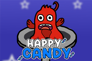 Kırmızı, sevimli ve şaşkın bir yaratık, mavi bir arka plan ve Happy Candy yazısının önünde belli belirsiz yıldız şekilleriyle
