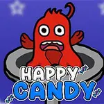 Kırmızı, sevimli ve şaşkın bir yaratık, mavi bir arka plan ve Happy Candy yazısının önünde belli belirsiz yıldız şekilleriyle
