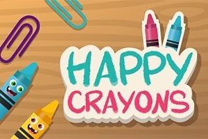 Renkli zemin üzerinde gülen yüzlü pastel boyalar ve iki zımba teli ile Happy Crayons yazısı