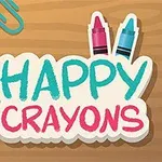 Renkli zemin üzerinde gülen yüzlü pastel boyalar ve iki zımba teli ile Happy Crayons yazısı