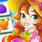 Sarı şapkalı ve kırmızı yanaklı bir kız, elde tuttuğu renkli meyve ve sebzelerle gülümsüyor; arka planda ise kare kartların üzerinde mor meyve ve havuç simgeleri var