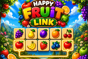 Renkli meyveler, Happy Fruit Link yazısı ve meyve eşleştirme panosuyla çevrili doğa manzarası