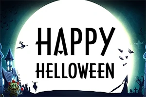 Büyük bir dolunay önünde Happy Halloween yazısı, cadı, yarasalar ve perili evlerle dolu karanlık bir manzara