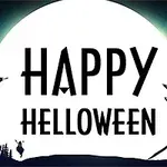 Büyük bir dolunay önünde Happy Halloween yazısı, cadı, yarasalar ve perili evlerle dolu karanlık bir manzara