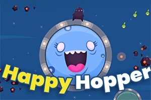 Mavi arka plan üzerinde, gülen yüz ifadeli büyük, yuvarlak bir yaratık ve Happy Hopper metni