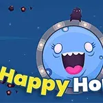 Mavi arka plan üzerinde, gülen yüz ifadeli büyük, yuvarlak bir yaratık ve Happy Hopper metni