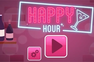 Pembe neon ışıklarla Happy Hour yazısı ve bir kokteyl bardağı resmi, arka planda içki şişeleri ve bir oynat düğmesi ile ayarlar simgesi