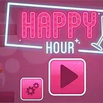 Pembe neon ışıklarla Happy Hour yazısı ve bir kokteyl bardağı resmi, arka planda içki şişeleri ve bir oynat düğmesi ile ayarlar simgesi