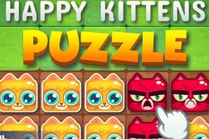 Yeşil ve turuncu renkte Happy Kittens Puzzle yazısının üzerinde, sevimli ve öfkeli ifadelerle sarı ve kırmızı renkte kedi yüzlerinden oluşan bir bulmaca