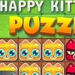 Yeşil ve turuncu renkte Happy Kittens Puzzle yazısının üzerinde, sevimli ve öfkeli ifadelerle sarı ve kırmızı renkte kedi yüzlerinden oluşan bir bulmaca