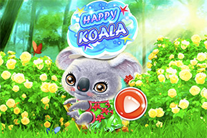 Bir ormanda çiçeklerin arasında duran sevimli bir koala, üstünde Happy Koala yazısı ve yanında kırmızı bir oynatma düğmesi