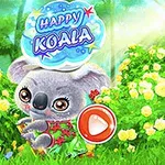 Bir ormanda çiçeklerin arasında duran sevimli bir koala, üstünde Happy Koala yazısı ve yanında kırmızı bir oynatma düğmesi