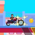 Bir motosiklet üzerinde hareket eden bir kişi, etrafında parlayan yıldızlar ve önünde bir altın madalya simgesi ile renkli bir arka planda yer alıyor