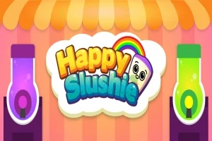 Renkli ve çizgi film tarzında iki içecek makinesinin ortasında büyük bir Happy Slushie yazısı ve üzerinde gülen bir karakter bulunan bir görüntü
