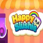 Renkli ve çizgi film tarzında iki içecek makinesinin ortasında büyük bir Happy Slushie yazısı ve üzerinde gülen bir karakter bulunan bir görüntü