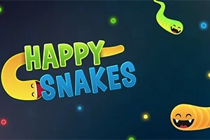 Renkli yılan figürleri ve Happy Snakes yazısı bulunan karanlık arka planlı bir görüntü