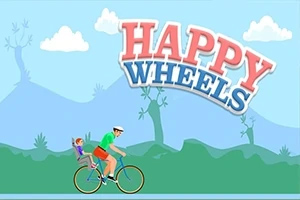 Bisiklet süren bir adam ve arkasında oturan bir çocuk, arka planda dağ manzarası ve Happy Wheels yazısı ile birlikte görünmekte