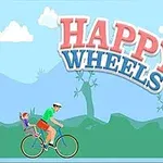 Bisiklet süren bir adam ve arkasında oturan bir çocuk, arka planda dağ manzarası ve Happy Wheels yazısı ile birlikte görünmekte