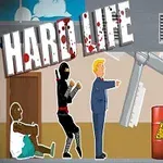 Üstte Hard Life yazısı bulunan, bir duvarın yanında yürüyen siyah ninja giysili bir kişi ve mavi takım elbiseli bir adam, zeminde oturan yeşil ayakkabılı bir adam ve kırmızı tehlike variliyle gösterilmektedir