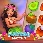 Hawaii temasında giyinmiş bir kadın, renkli meyve ve çiçek sembollerinden oluşan bir eşleştirme bulmacasını işaret ediyor