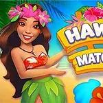 Hawaii temalı bir arka plan önünde çiçekli elbise giymiş bir kadın ve renkli Hawaii Match 4 yazısı