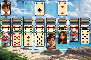 Sahilde kart desteleri ve kartlarda dijital karakterlerin olduğu bir oyun ekranı