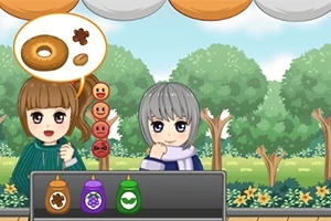 İki anime karakteri, arka planda ağaçlar ve gökyüzü olan bir pazarda, üzüm ve yeşil simgeli şişeleriyle birlikte sohbet ediyor