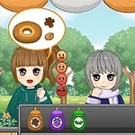 İki anime karakteri, arka planda ağaçlar ve gökyüzü olan bir pazarda, üzüm ve yeşil simgeli şişeleriyle birlikte sohbet ediyor