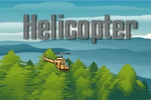 Helicopter Piksel tarzında bir helikopterin yeşil ağaçların üzerinde uçtuğu ve arka planda mavi tonlarında dağların göründüğü bir sahne