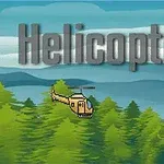 Helicopter Piksel tarzında bir helikopterin yeşil ağaçların üzerinde uçtuğu ve arka planda mavi tonlarında dağların göründüğü bir sahne