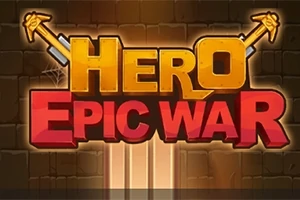 Kahverengi taş zemin üzerinde, arka planında iki çapraz kılıç bulunan Hero Epic War yazısı