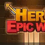 Kahverengi taş zemin üzerinde, arka planında iki çapraz kılıç bulunan Hero Epic War yazısı