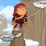 Gökyüzünde bulutlar ve sütunlar arasında yukarıya zıplayan zırhlı bir karakter