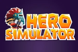 Renkli bir kask ve kalkana sahip bir karakterin yanı sıra büyük turuncu harflerle yazılmış Hero Simulator yazısı