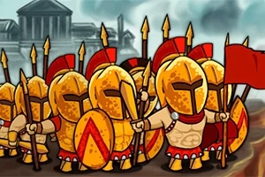 Sarı miğferli ve kalkanlı antik savaşçılar, ellerinde mızraklar ve kırmızı bayraklarla bir arada duruyor