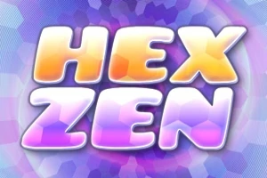 Renkli ve altıgen desenli arka plan üzerinde büyük, pastel tonlarda HEX ZEN yazısı