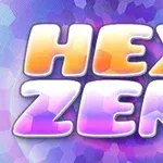 Renkli ve altıgen desenli arka plan üzerinde büyük, pastel tonlarda HEX ZEN yazısı