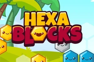 Gülen altıgen bloklar ve Hexa Blocks yazısı önünde palmiye ağaçları bulunan renkli bir sahne