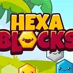 Gülen altıgen bloklar ve Hexa Blocks yazısı önünde palmiye ağaçları bulunan renkli bir sahne