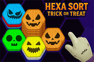 Hexa Sort Trick or Treat Renkli altıgenler üzerinde korkutucu yüz ifadeleri olan semboller ve bir zombi eli