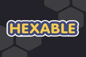 Sarı ve mavi renklerde HEXABLE yazısı, koyu arka plan üzerinde altıgen desenlerle çevrili