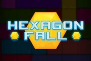 Sarı bir altıgenin önünde Hexagon Fall yazısı ve renkli kare bloklarla dolu bir arka plan