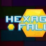 Sarı bir altıgenin önünde Hexagon Fall yazısı ve renkli kare bloklarla dolu bir arka plan