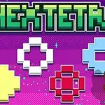 Mor arka plan üzerinde farklı renklerde blok şekilleri ve büyük bir HexTetris yazısı