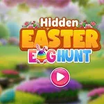 Pastel renklerle süslenmiş, çiçeklerle çevrili bir bahar manzarası üzerindeki renkli Easter yazısı ve pembe bir oyun başlatma butonu