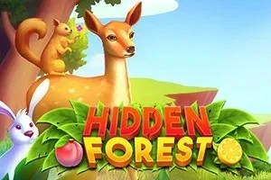 Geyik, ağaçta oturan bir sincap ve altta duran bir tavşan, Hidden Forest yazısıyla birlikte yapraklar ve meyvelerle çevrili bir ormanda yer alıyor