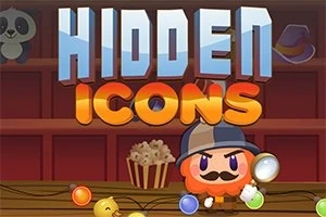 Büyük harflerle Hidden Icons yazısı ve dedektif kepli, bıyıklı bir karakter ile arka planda bir panda figürü ve patlamış mısır resmi