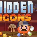 Büyük harflerle Hidden Icons yazısı ve dedektif kepli, bıyıklı bir karakter ile arka planda bir panda figürü ve patlamış mısır resmi