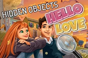 Genç bir kadın ve bir erkek mutlu bir şekilde yan yana dururken, büyüteç ve Hello Love yazısı ön planda
